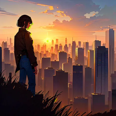 A person with short, tousled hair sits on a grassy cliff, facing away from the camera, watching the sunset over a vast, urban landscape. The person wears a dark jacket and jeans, creating a silhouette against the warm, golden hues of the sky. The cityscape...