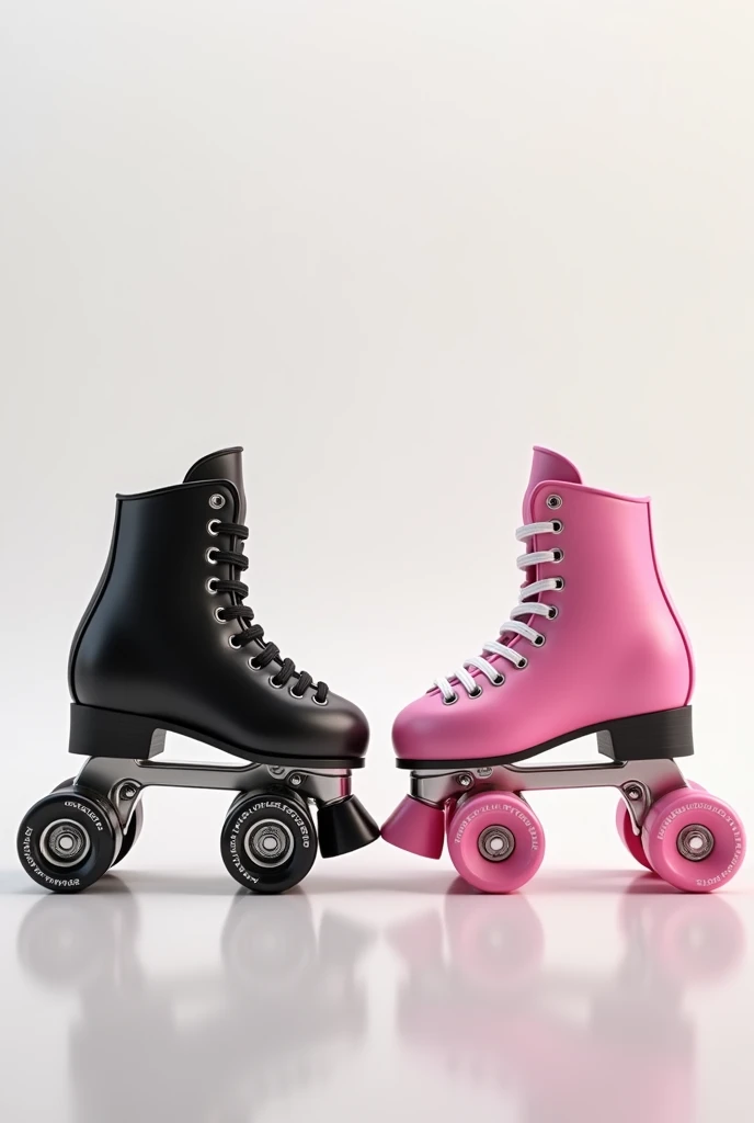 Two skates with 3 wheels meeting well, one black and the other pink