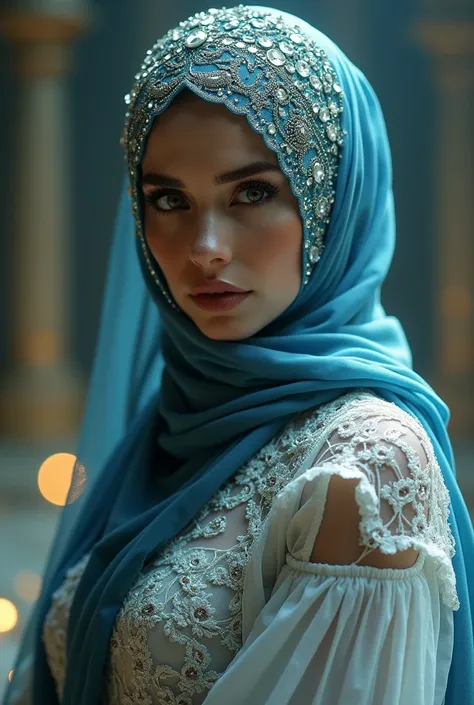 perfect eyes and face, queen of the magical world, her face is beautiful and charming, glamorous and magnificent makeup, booming throughout nature, Intricate hijab decorated with sparkling diamonds, an erotic dress with intricate white lace details, the ch...