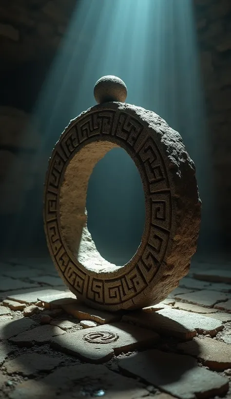 A close-up of the stone ring through which the ball must be passed, intricately carved with Mayan symbols. The ring is illuminated with a dramatic spotlight effect, casting long shadows and emphasizing the sacredness of the goal.