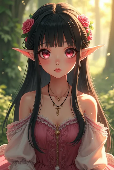 young female character, elf, straight black hair, fuchsia pink eyes, wearing medieval princess clothing, tender look, full body, looking to camera, detailed, daytime, sun rays, ultra detailed photography, 4k quality lighting, high resolution, masterpiece, ...