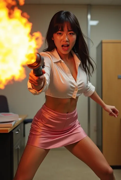 real person realistic beautiful japanese office lady in satin white shirt and pink satin tight mini skirt facial expression war cry shouting standing upright stance legs wide spread open full portrait holding a very long flame thrower high pressure fuel sh...