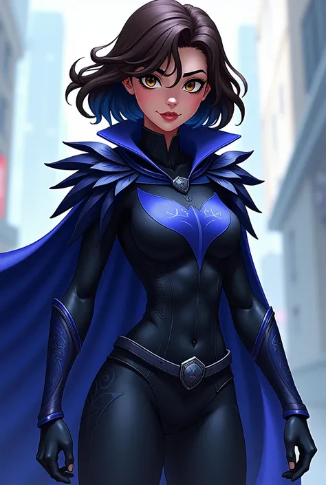 ((art animation 2D)) 20 year old woman with dark blue skin tone, with short wavy brown hair with the tips dyed dark blue, Brown eyes, with good body, wearing a Raven costume from Teen Titans, full body image 