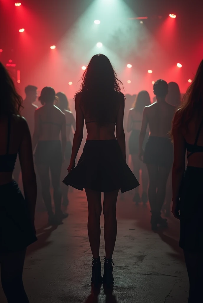 (masterpiece), (Highest quality), (Very detailed), nightclub, sexclub, club, carnival, Red light, Dark Room, to smoke, fog, fumbling, different, harassment, , alcohol, 大foot, foot, skirt，One girl(1.5)