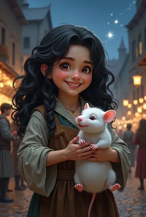 female young hobbit with black curly hair and reddish brown eyes. lachend, druidin. medieval fantasy. night in the city, stars, cosmos. dungeons and dragons charakter. slightly overweight. portrait, holds a huge white rat in his hand and talks to it. grey ...