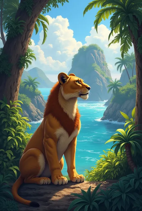 Cover of a story called The Adventure of Lili a lioness and the Mysterious Island with
