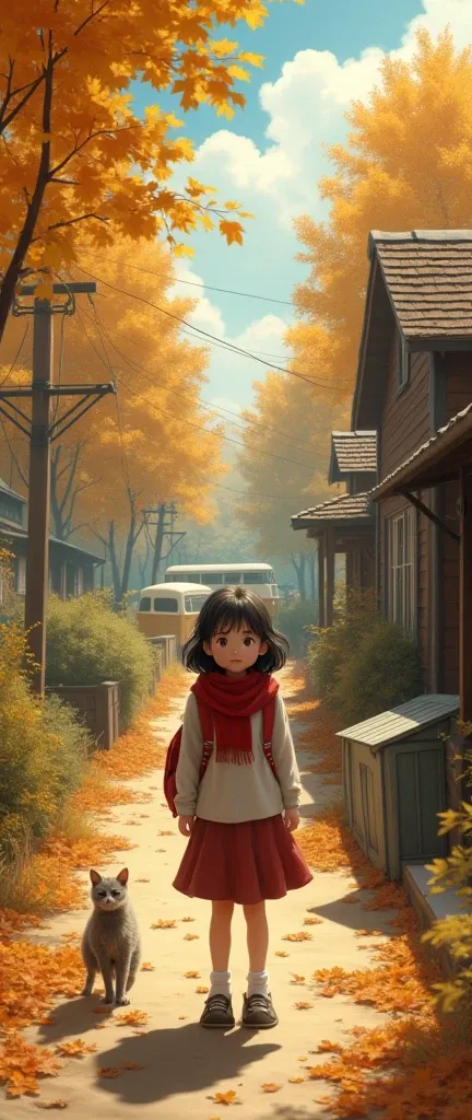 (Highest quality,4K,8k,High resolution,masterpiece:1.2),Super detailed,Sharp focus,(Realist,photoRealist,photo-Realist:1.37), 35mm lens，Multiple Angles，country~ side，Suburban，return，~ side，silhouette，Overhead Shot，A  girl with her returnpack, Red scarf, Sh...