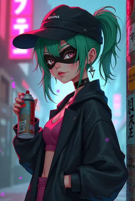 Slim anime girl with hat and mask, Thin face, Holding a spray can, Green messy hair, Neon pink and blue street background, Stickers, Grinning face, Harley Vibe, Bad boy, Very beautiful and smooth cheeks
