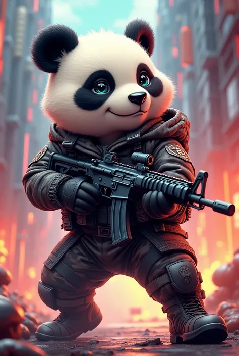 A cartoon digital art illustration of a panda-bear with spring feet in a gamer style soldier outfit holding an AK-47, colorful dynamic composition, vibrant colors, digital painting, 3D render, highly detailed, intricate details, glossy, studio lighting, ph...