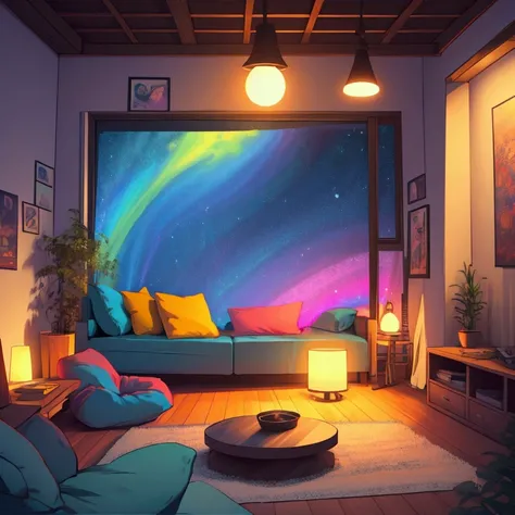 Create a YouTube thumbnail with a cozy, relaxing room, psychedelic colors, lo-fi elements, and a chill, inviting vibe.