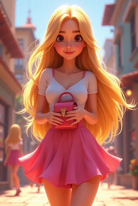 A Disney Pixar animation style poster with the title Vicky. The character is a trans girl with long blonde hair. , high white skin in a dark tone , breasts small, thick-thighs, dressed in a short pink schoolgirl skirt, well-defined body, dark brown eyes, w...