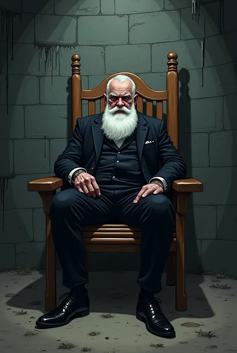 Santa in black suit on wooden chair in dark scary underground cartoon art 