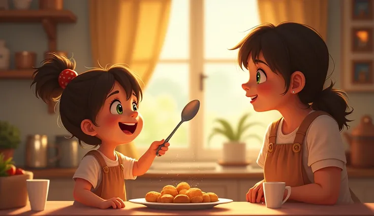 The spoon flies up high, like a feather so light,”
	•	Description: The spoon is soaring high above the table, as light as a feather, glowing softly in the warm kitchen light.

Sarah awaits it, with laughter so bright.”
	•	Description: Sarah, a small child,...