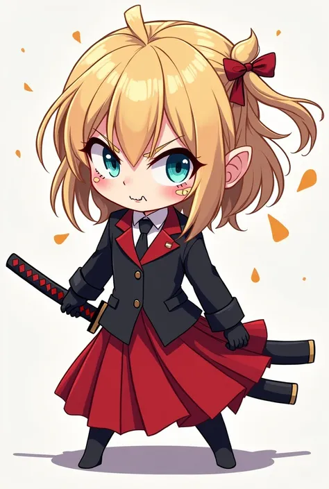 beautiful illustration, best quality,  chibi angry girl, perfect face, high quality, one girl, blonde hair, cyan eyes,wears black jacket suit , with white shirt under the jacket, a black gloves, a long black socks, long red skirt, and band aid on her cheek...