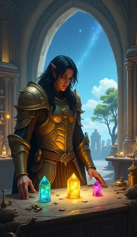 feanor, an elf warrior in royal gold and silver armor, black haired, looking at 3 small 15cm magic gems, its colors are blue, yellow and green, These stones are on a table with a lot of magical light and many magical instruments and craftsmen&#39;s tools.,...