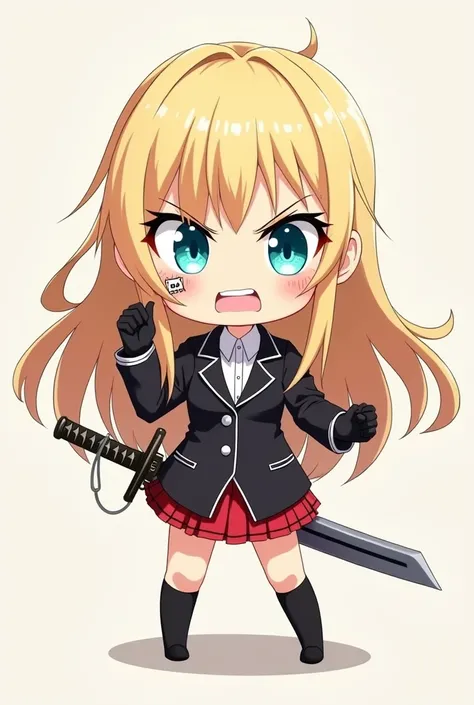 beautiful illustration, best quality,  chibi angry girl, perfect face, high quality, one girl, blonde long hair, cyan eyes,wears black jacket suit , with white shirt under the jacket, a black gloves, a long black socks, long red skirt, and band aid on her ...