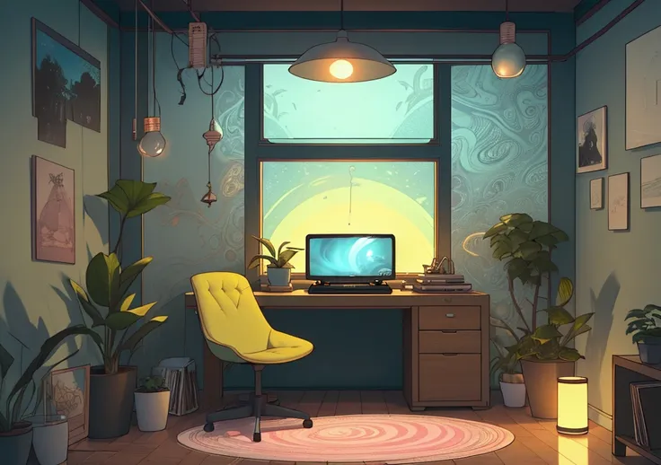 Design a YouTube thumbnail for a lo-fi video. Feature a cozy, relaxing room scene with soft, ambient lighting. Incorporate psychedelic elements such as gentle color gradients, swirling patterns, or subtle neon accents to give a dreamy, surreal touch. Ensur...