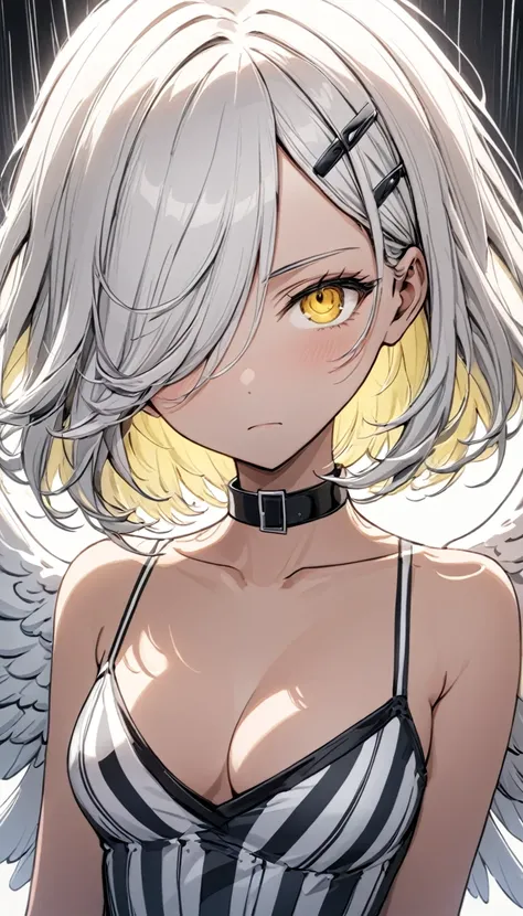 collar, cleavage, bedroom, motion lines, day, (medium breasts:1.5), white hair, short hair, (hair over one eye:1.5), (straight hair:1.5, (black hairclip) yellow eyes, (1girl:1.5), solo, (blank expression:1.5), lit environment, white dress, angel wings, (st...