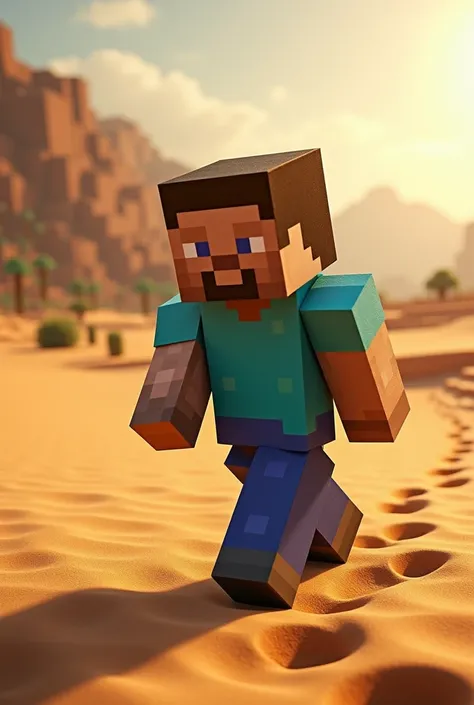 Extremely tired human Minecraft Steve in the desert 