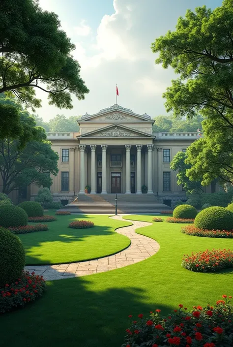 Kenyan statehouse with a compound full of grass and trees 