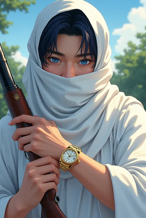 Creat a handsome korian muslim guy, 2, wear white coloured thobe, blue eyes, holding a rifle in his left hand, wear golden colour rolex watch in his right hand, covered face with scarf, front style look, nature style background, anime style, (create withou...