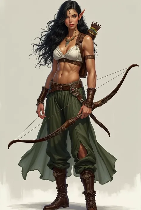 A wood elf wearing loose, wide-legged pants that are open on the side, the pants look like a skirt... She has big boobs and is sexy, she covers the body, but you can see the muscle protrusion. She wears leather boots and lots of jewelry.. She is elegant an...