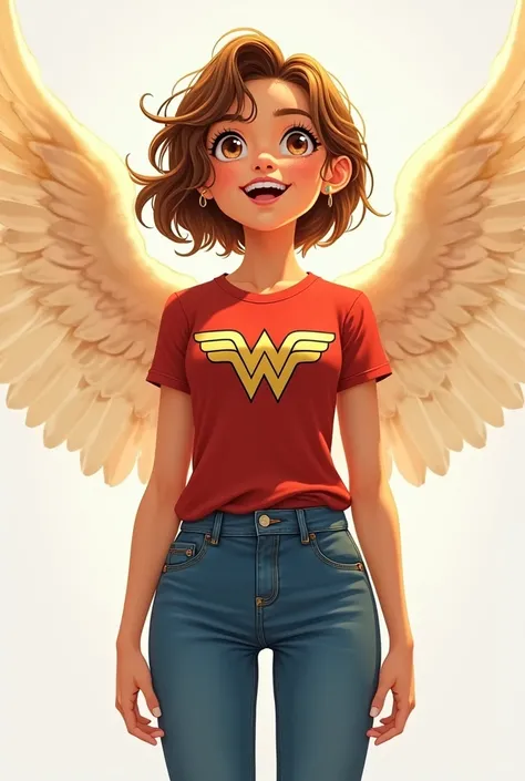 Happy angel woman white skin brown eyes long light brown hair short with wonder woman t-shirt and jeans and sneakers with hearing aid in ears