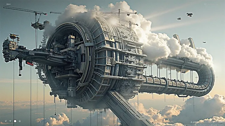 Create an image of a futuristic megastructure floating above the clouds, standing out in the sky with a complex and colossal design. The structure is expected to have shiny metallic elements and intricate piping that suggest advanced engineering design, wi...