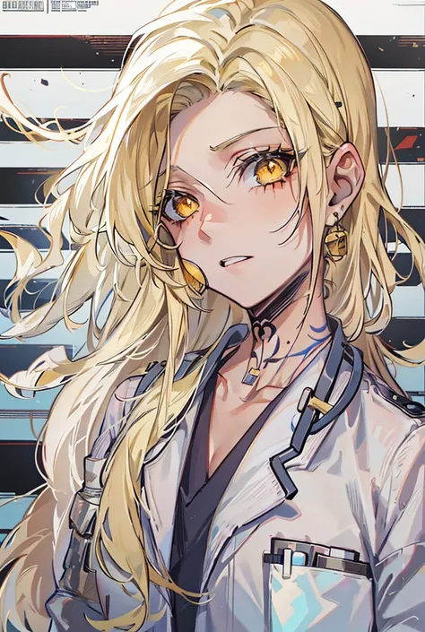 doctor,Sexy woman,Light pigmentation,Highest quality, Long Hair, Hair behind ears, Gradient color hairstyle, Blonde, Tattoos on the face,Amber Eyes, Expressionless, Hollow Eyes, One eye covered in bandages, Anime Style, 