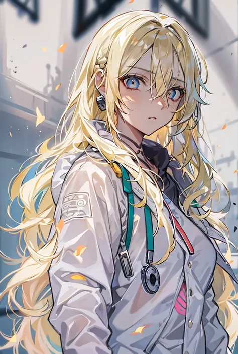 doctor,Sexy woman,Light pigmentation,Highest quality, Long Hair, Hair behind ears, Gradient color hairstyle, Blonde, Tattoos on the face,Amber Eyes, Expressionless, Hollow Eyes, One eye covered in bandages, Anime Style, 