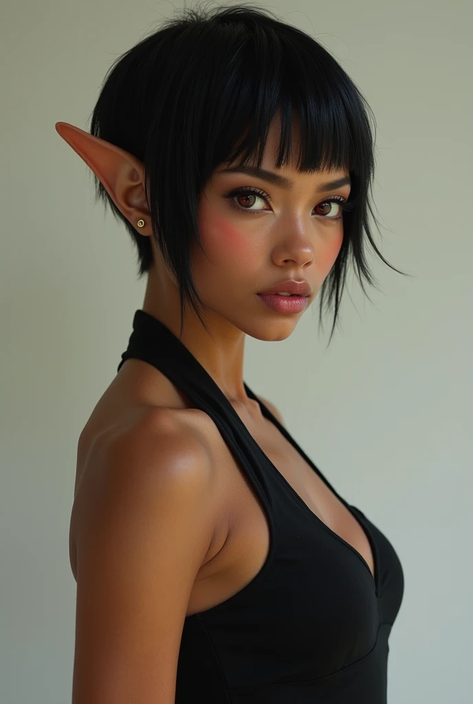 A half-elf human with ruby red eyes, pink mouth, very black hair cut to the neck and brown skin tone with the body