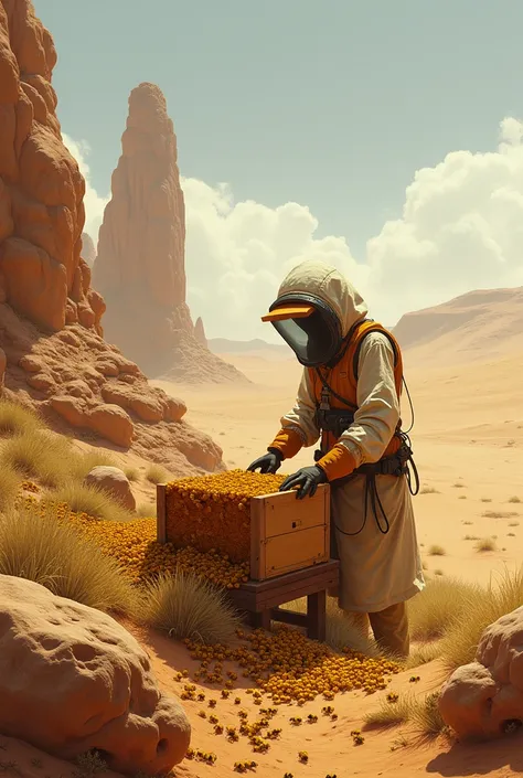 Beekeeper combing with bees in a desert 