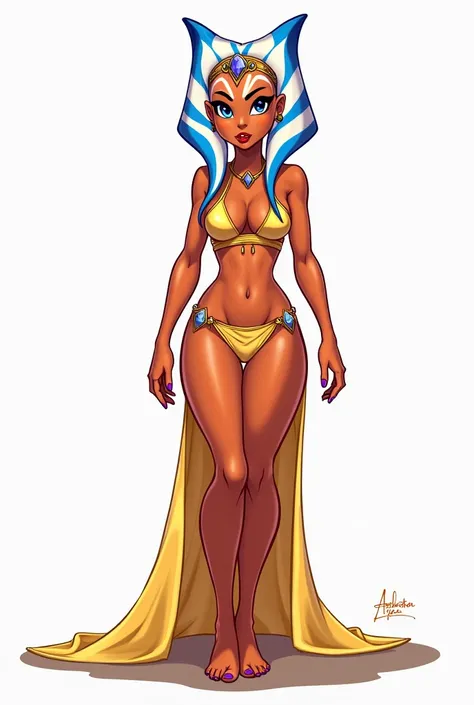 Cartoon ahsoka tano wearing a jewel headband , a golden bikini top with matching bikini bottoms with a veil attached to the back and front of the belt. Barefoot with lavender nails 
No hair