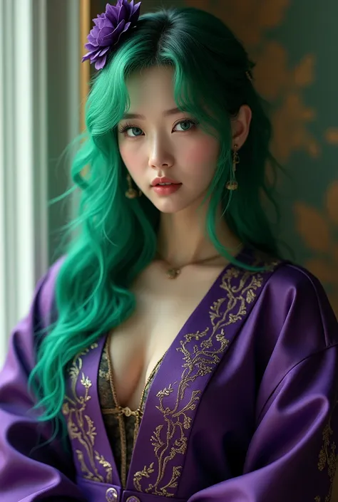 Kpop idol girl, with green hair and royal purple clothes. green eyes