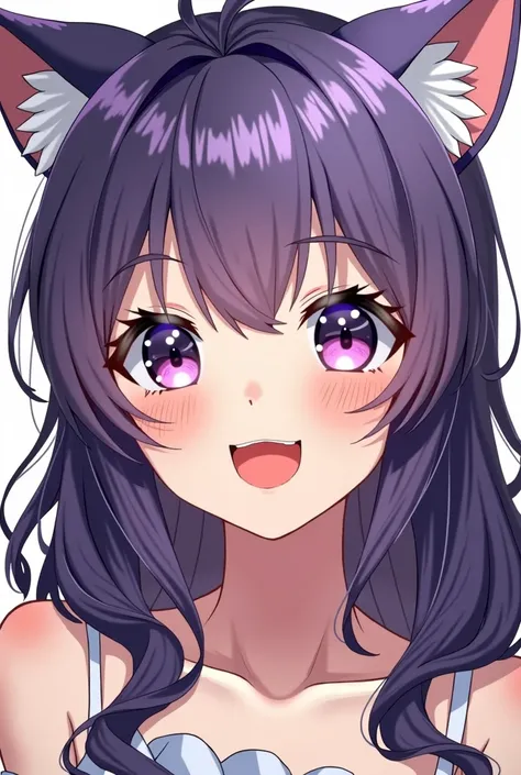 1 girl, open mouth, super detailed, textured skin, best quality, ​masterpiece, length hair, purple hair, big boobs, cat ears, blushing, Slight blush on the cheeks, salivation, Happy, 