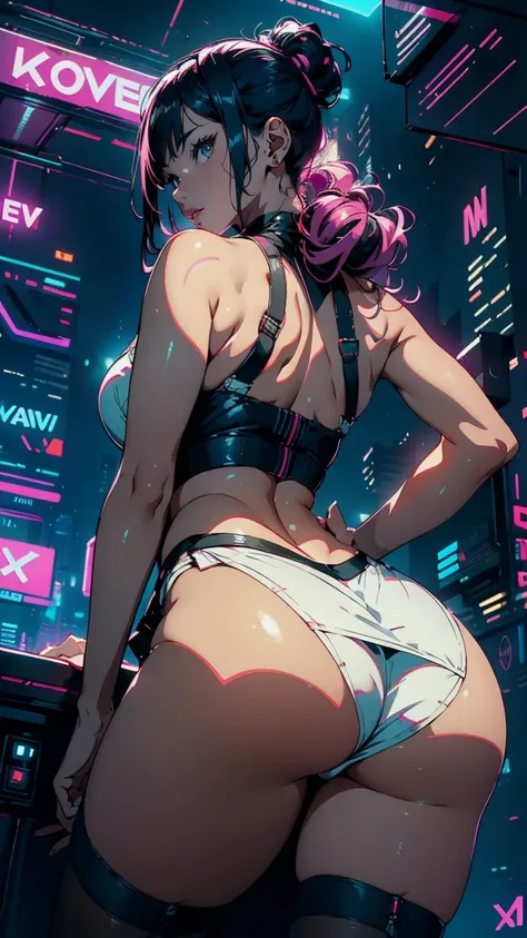 (Hinata Hyuga, Very sensual, In tight clothes, Big Ass, Thick legs, White Mini Skirt Dress, stockings, Navel comes out, Long Hair, Rear speakers, Very realistic, View of the Cyberpunk City, Clearly defined lines, Neon Lights Very Sexy, 8k, 8k Very detailed...