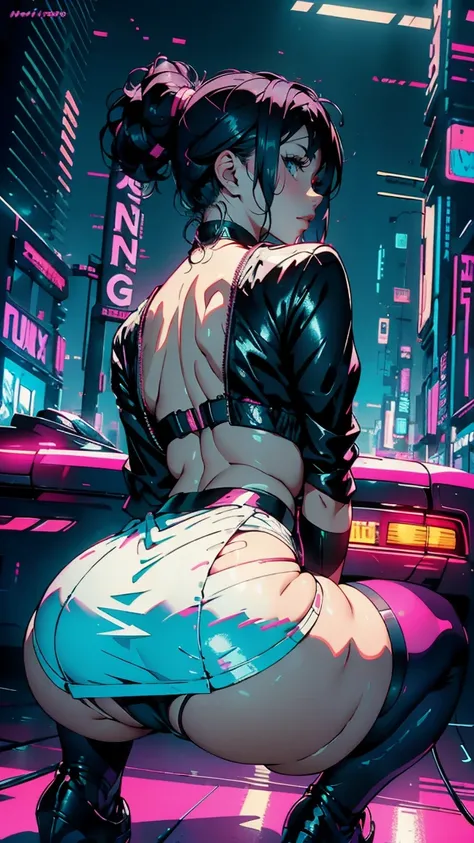 (Hinata Hyuga, Very sensual, In tight clothes, Big Ass, Thick legs, White Mini Skirt Dress, stockings, Navel comes out, Long Hair, Rear speakers, Very realistic, View of the Cyberpunk City, Clearly defined lines, Neon Lights Very Sexy, 8k, 8k Very detailed...