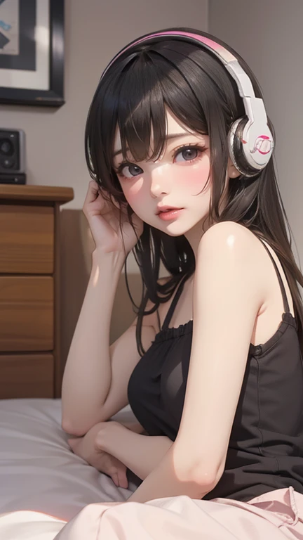 girl listening to music in cozy room at night, using headphones, 2d style anime, low fidelity, harddisk, dark environment, zoom ...