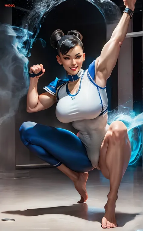 tall woman,  Age 22 , white skin color , Bblack hair , big boobies , defined curves , tight gym clothes with a very plunging neckline, chun li , gym scenario , pose de.barefoot fight , one leg up (high qualiy) ​masterpiece , Grinning 