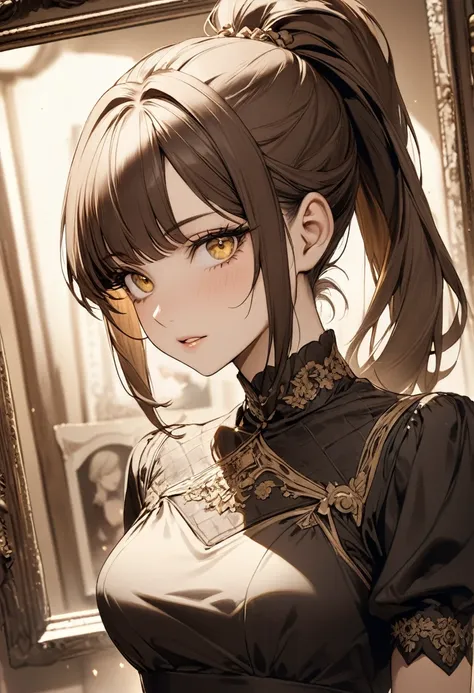 ((best quality)), ((Masterpiece)), (details), Young woman, (Medium bust, brown hair, yellow eyes, ((Ponytail)) , Hip fart, handsome face, (Tanned skin:1.3), Long eyelashes,Thick eyelashes) ,victoria dress, picture frame, Sepia, blood, Close-up , detailsดวง...