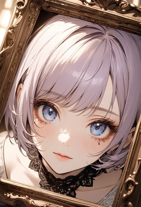 ((best quality)), ((Masterpiece)), (details), Young woman, alone, ( light purple hair, blue eyes, ((short hair)) , beautiful face, Beautiful skin, Long eyelashes, Thick eyelashes)  , victoria dress, In the picture frame, Sepia, Burn marks, Close-up , detai...