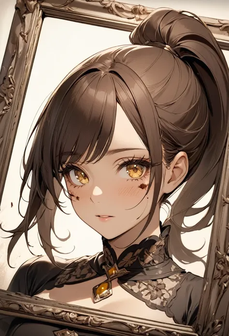 ((best quality)), ((Masterpiece)), (details), Young woman, (Medium bust, brown hair, yellow eyes, ((Ponytail)) , Hip fart, handsome face, (Tanned skin:1.3), Long eyelashes,Thick eyelashes) ,victoria dress, In the picture frame, Sepia, Burn marks, Close-up ...