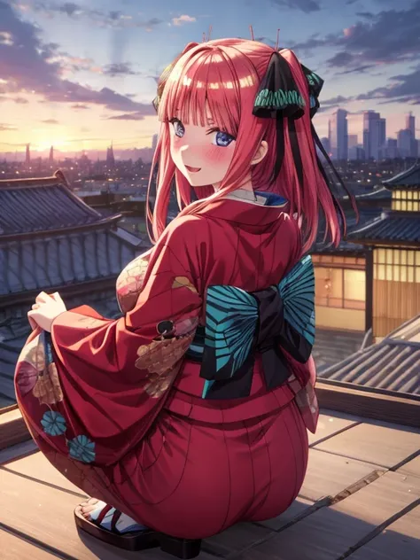 best quality, insanely detailed, nino nakano, breasts, blush, looking at viewer, cheerful eyes, arousal, kimono, highleg kimono, tight kimono, roof top background, Squat, from behind