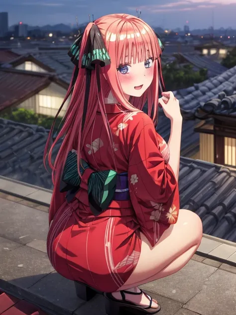 best quality, insanely detailed, nino nakano, breasts, blush, looking at viewer, cheerful eyes, arousal, kimono, highleg kimono, tight kimono, roof top background, Squat, from behind