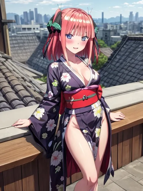 best quality, insanely detailed, nino nakano, breasts, blush, looking at viewer, cheerful eyes, arousal, kimono, highleg kimono, tight kimono, roof top background