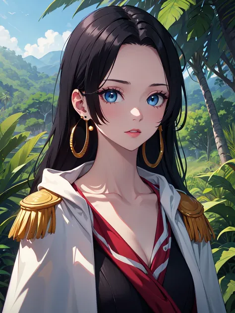 score_9, score_8_up, score_7_up masterpiece, best quality, vibrant colours, highres, absurdres, detailed, 1girl, boa1, solo, blue eyes, black hair, long hair, earrings, close-up, epaulettes, cape, outdoors, jungle, scenery