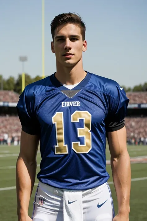 A handsome man. attractive, young and tall athletic. foreground. Football jersey.  