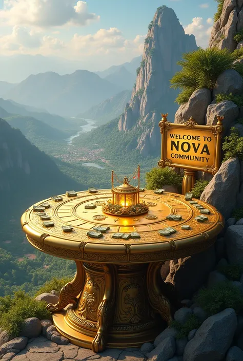 A golden table on a high mountain overlooking the land with money and a lamp and a sign that says welcome to NOVA COMMUNITY