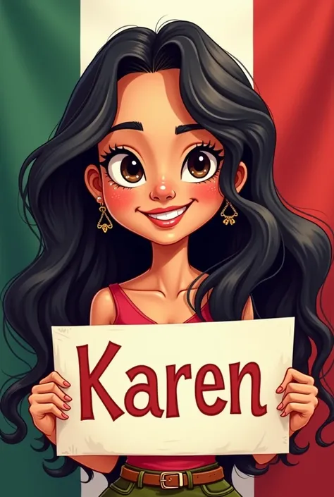 Create a cartoon woman with a cute face, of the independence of Mexico, nalgona,  black hair, with the Mexican flag and a sign that says Karen