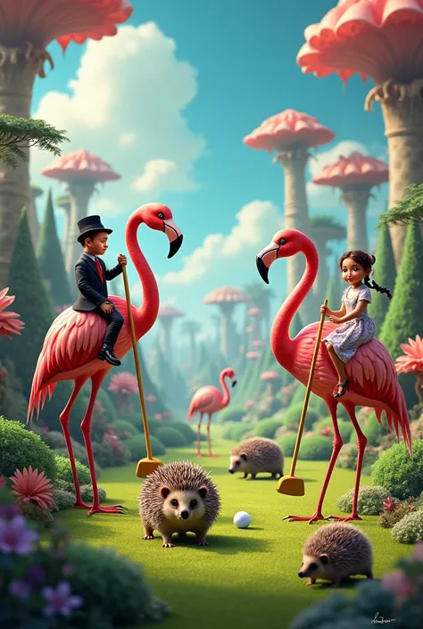 Show a croquet lawn with flamingos used as mallets and hedgehogs as balls, with playing characters and a surreal and vibrant environment, full of colors and bizarre shapes."